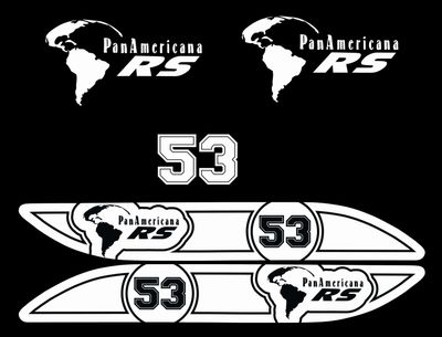 Sticker set with white PanAmericana RS logos, the world map and the number 53