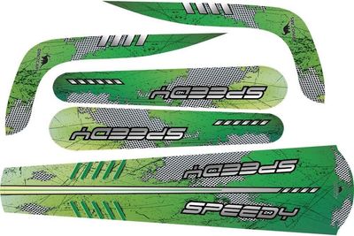 Grüner Aufklebersatz mit dem Schriftzug 'Speedy' in weiß und schwarzen Akzenten