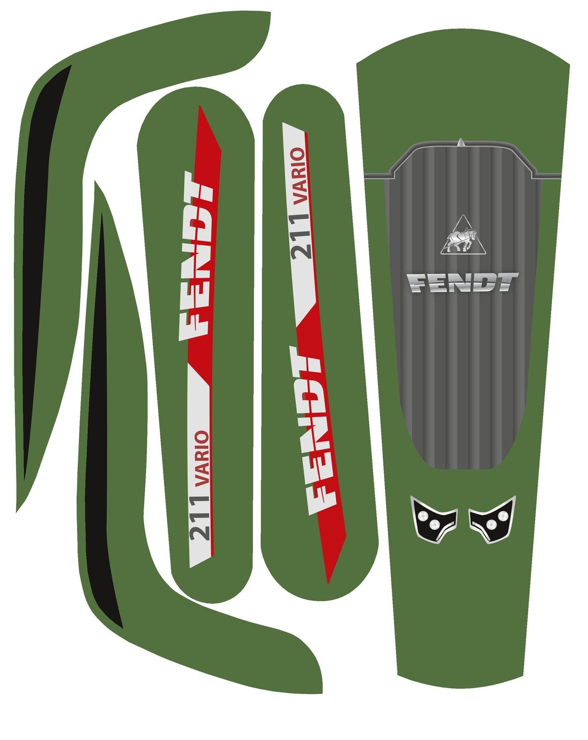 Grüner Aufklebersatz mit roten und weißen Akzenten, beschriftet mit 'FENDT','211 VARIO' und Fendt Logo