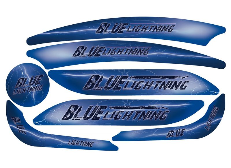 Dino-Cars sticker set Blue Lightning Sticker set with blue, wavy stripes and lightning effect, labeled "BLUE LIGHTNING"