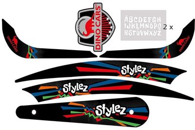 Sticker set with black, colorful stripes and lettering 'Stylez' and 'Dino Cars'
