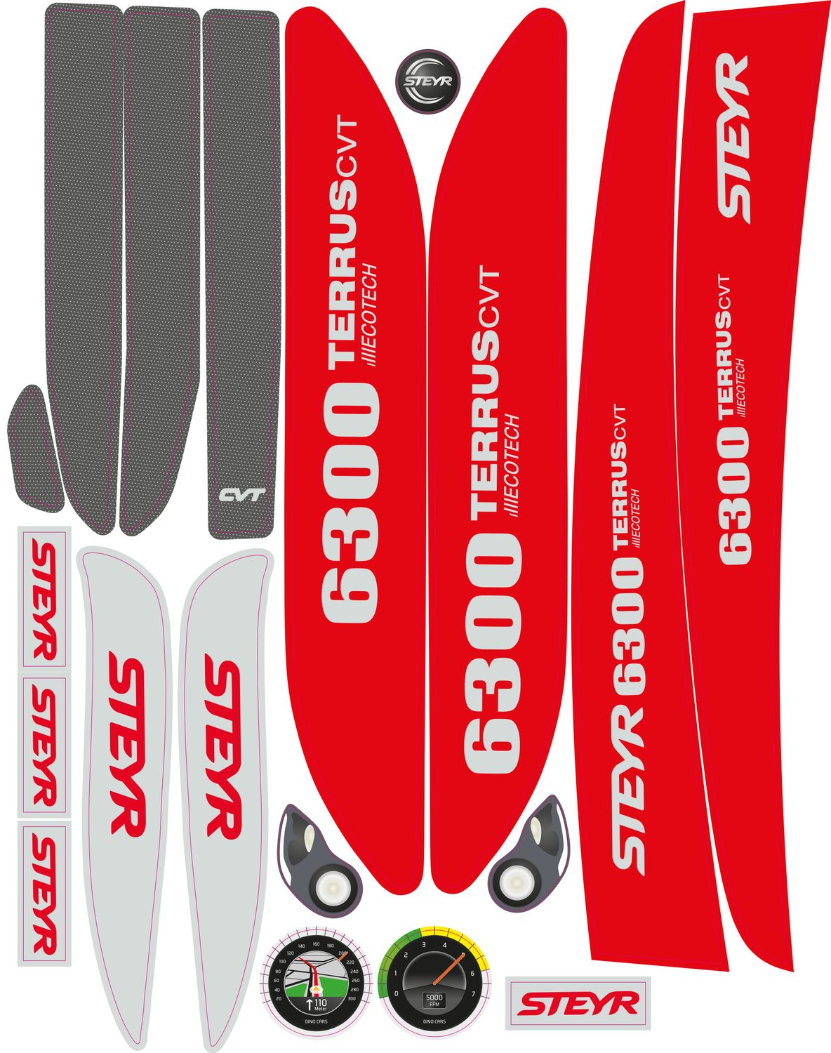 Dino-Cars sticker set Steyr Red and white sticker set with inscriptions 'STEYR', '6300 TERRUS CVT', 'ECOTECH' and speedometer