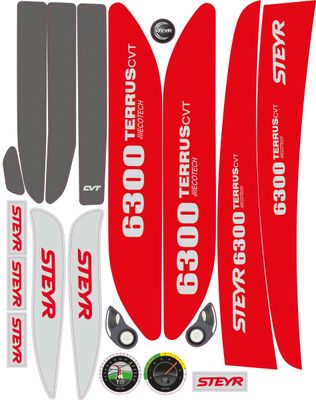 Red and white sticker set with inscriptions 'STEYR', '6300 TERRUS CVT', 'ECOTECH' and speedometer