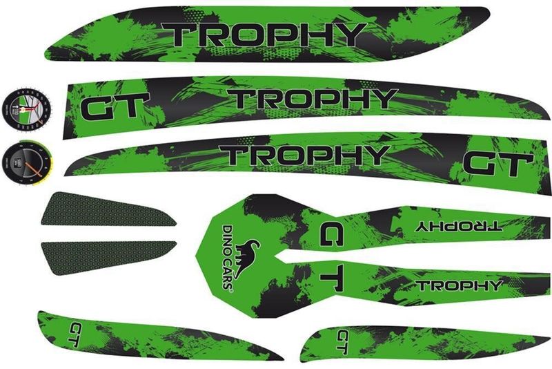 Dino-Cars sticker set Trophy Green and black sticker set with the words 'TROPHY' and 'GT', including Dino Cars logo