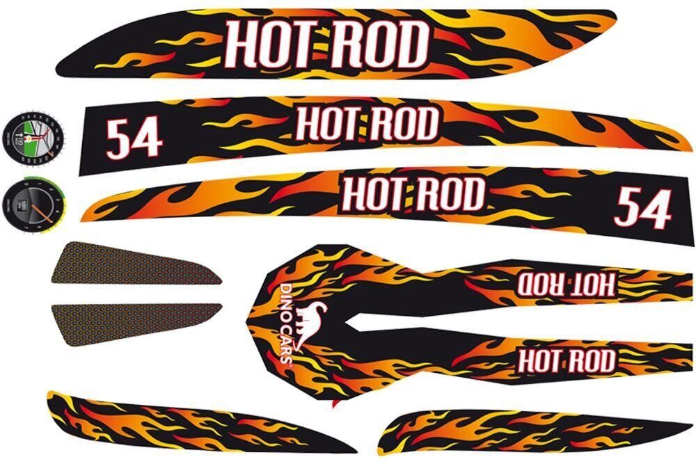 DINO CARS STICKER SET HOT ROD Sticker set with flame pattern and lettering 'HOT ROD', number 54 and logos, mainly in black, red, …
