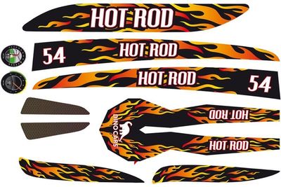 Sticker set with flame pattern and lettering 'HOT ROD', number 54 and logos, mainly in black, red, …