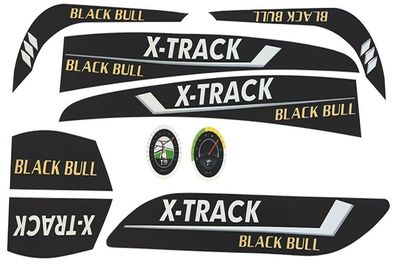 Black sticker set with white and gold lettering 'X-TRACK' and 'BLACK BULL'