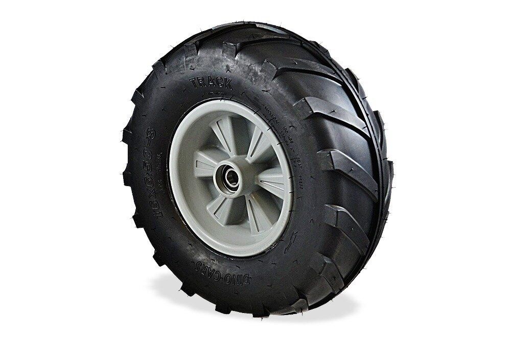 Dino-Cars complete wheel Ackerstolle right Field studded tires on the right with coarse profile and silver rim with ball bearing in the middle