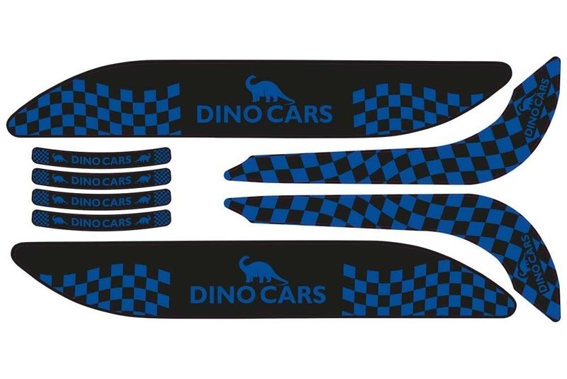 Dino-Cars sticker set sport Black and blue sports stickers with checkerboard pattern and lettering 'DINO CARS'
