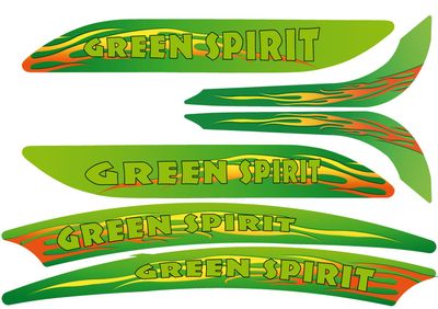 Aufklebersatz mit grünen, gelben und orangen Flammenmustern und dem Schriftzug 'GREEN SPIRIT'
