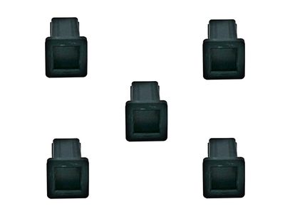 Five black plastic seat bushings in square shape with slightly raised center
