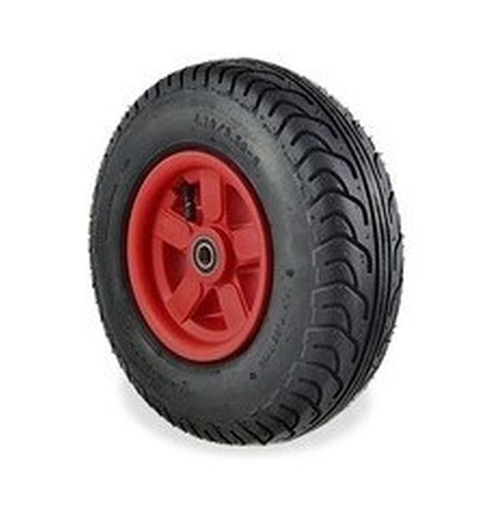 Komplettrad links für Junior mit schwarzem Reifen und roter Felge, mittig in der Felge ist ein Kugellager