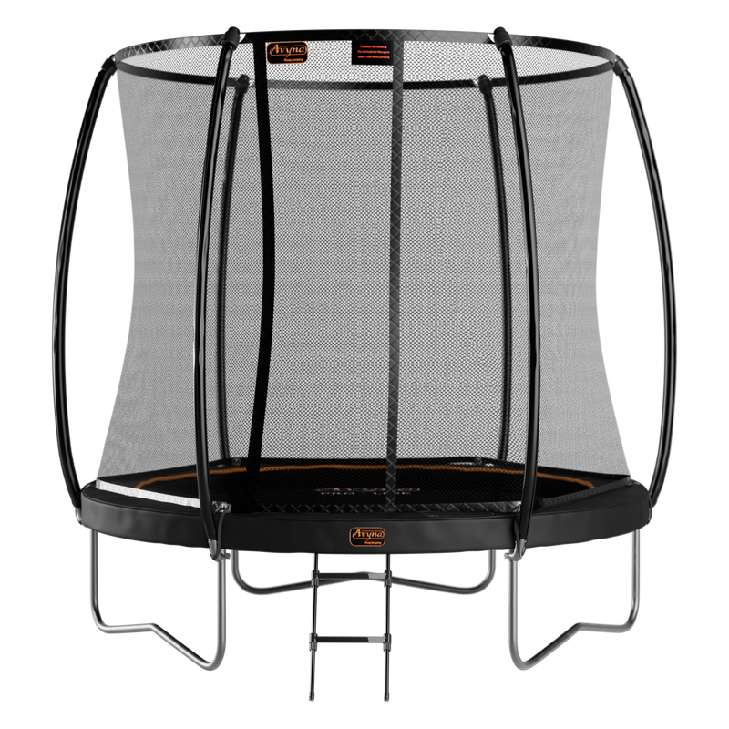 Avyna Ø 305 cm Trampoline incl. safety net + ladder Black Avyna Trampoline (Ø 305 cm), including safety net and ladder, with orange Avyna lettering.