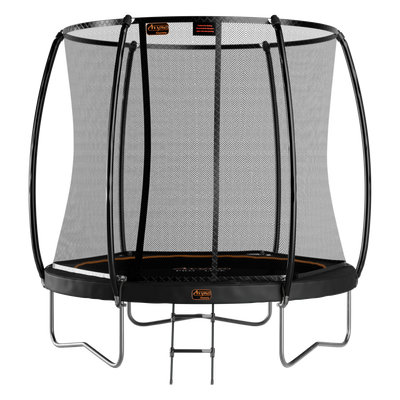 schwarzes Avyna Trampolin Ø305cm inkl. Sicherheitsnetz und Leiter mit orangenem Avyna Schriftzug