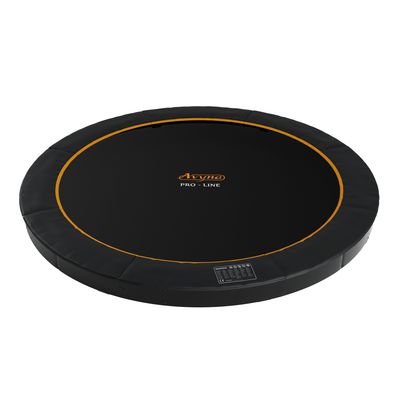 Avyna Ø 430 cm Trampolin Flat Level schwarzes Flat Level Trampolin Ø430cm mit orangenem Avyna Schriftzug