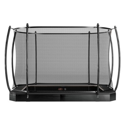 Avyna 380x255 cm Trampolin Flat Level inkl. Sicherheitsnetz schwarzes Flat Level Trampolin inklusive Sicherheitsnetz 380x255 mit orangenem Avyna Schriftzug