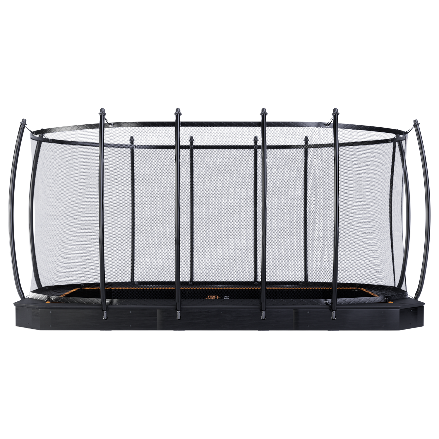 Black Flat Level Trampoline, including safety net, 520x305, with orange Avyna lettering.