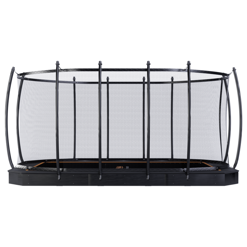 Avyna 520x305cm Trampoline Flat Level incl. safety net Black Flat Level Trampoline, including safety net, 520x305, with orange Avyna lettering.