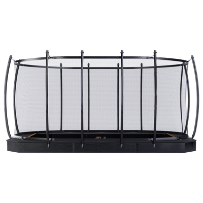 Avyna 520x305cm Trampolin Flat Level inkl. Sicherheitsnetz schwarzes Flat Level Trampolin inklusive Sicherheitsnetz 520x305 mit orangenem Avyna Schriftzug