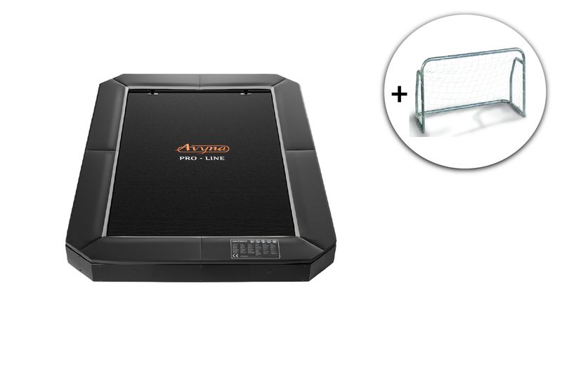 Avyna 380x255 cm Trampoline Flat Level + free football goal 150 x 80cm Black Flat Level Trampoline 380x255 with Orange Avyna Lettering