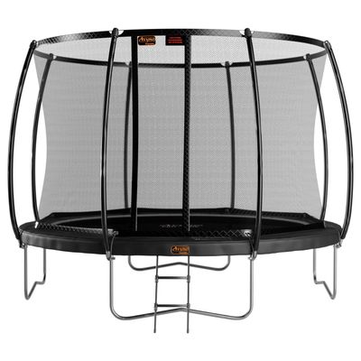 Black Avyna Trampoline (Ø 365 cm), including safety net and ladder, with orange Avyna lettering.