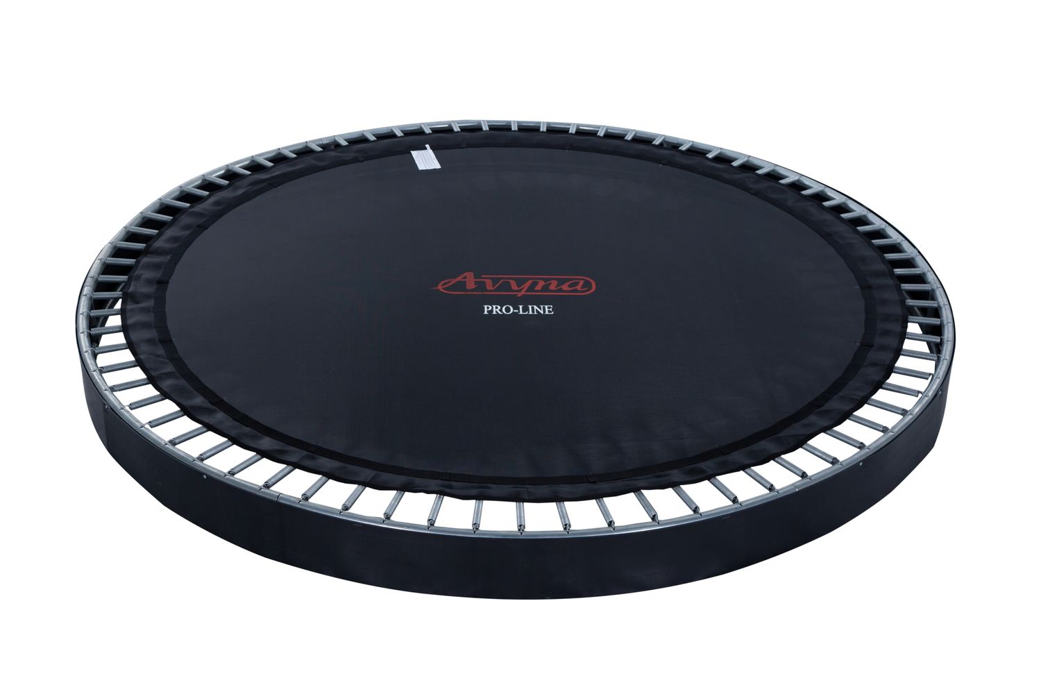 schwarze Trampolin Sprungmatte mit orangenem Avyna Schriftzug passend für runde Avyna Trampoline