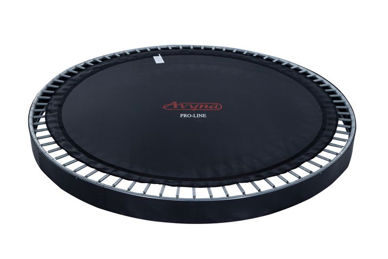Avyna trampoline jumping mat Black trampoline jumping mat with orange Avyna lettering, suitable for round Avyna trampolines.