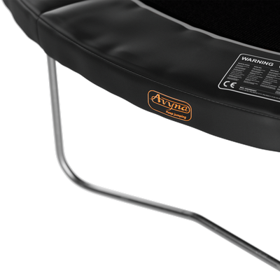black trampoline safety pad with orange Avyna lettering