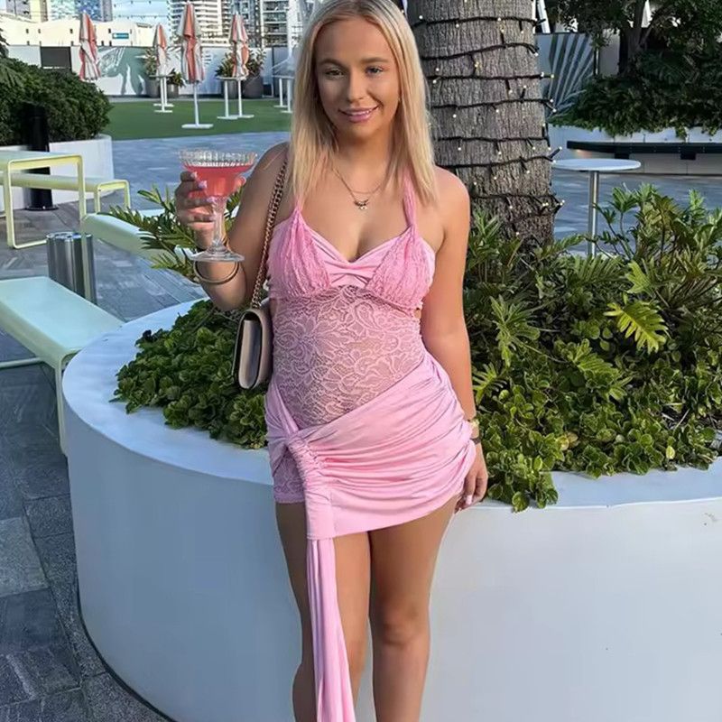 hirigin Sexy Women Patchwork Lace Halter Dress Slim Ruched Sleeveless Open Back Tie-up Mini Bodycon Dress for Party Club