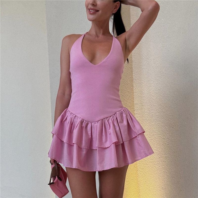 hirigin Women Slip Dress Sleeveless V-neck Backless Layered Pleated Solid A-line Dress Summer Mini Dress Party Clubwear