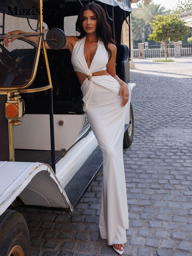 Mozision Halter Deep V Neck Sexy Maxi Dress Women Elegant Hollow Out Sleeveless Backless High Waist Bodycon Evening Club Dress