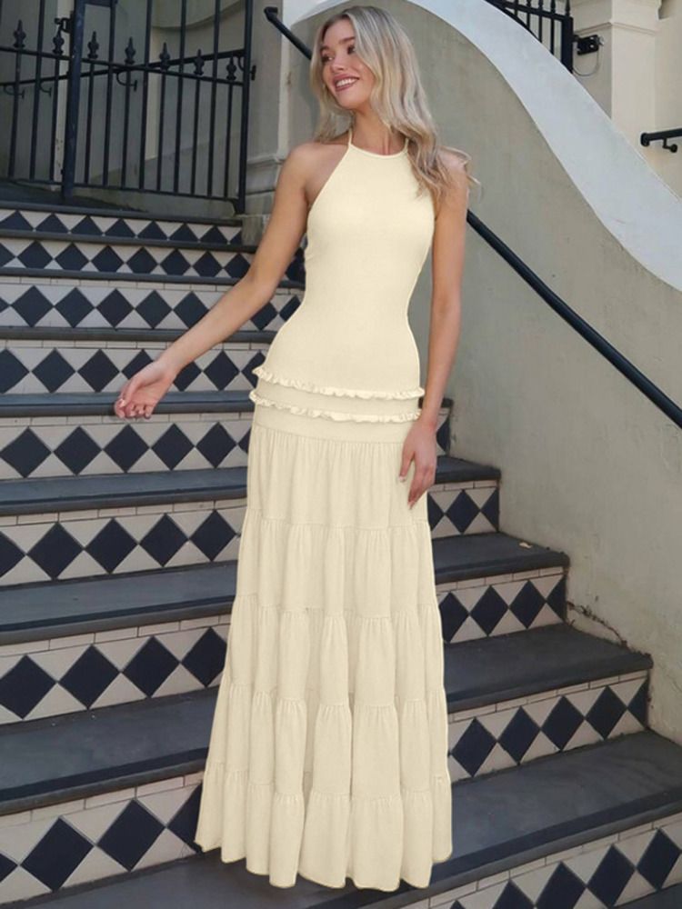 Mozision Halter Backless Pleated Sexy Maxi Dress Women Gown Elegant Fashion Solid Sleeveless High Waist Lace-up A-line Dresses