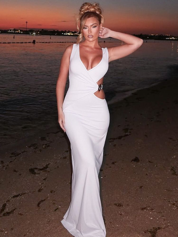 Mozision Hollow Out Backless Sexy Maxi Dress Women Gown Fashion Metal Flower V Neck Sleeveless Bodycon Club Party Long Dress