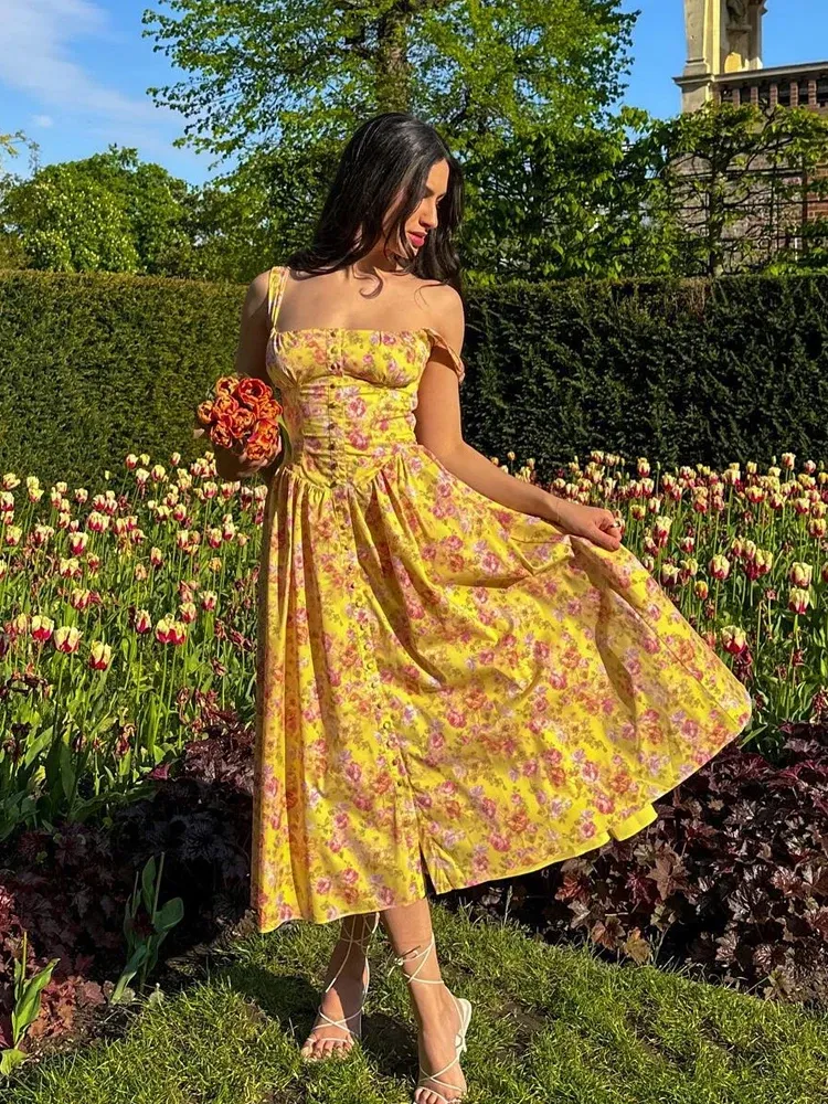 Summer Floral Print Midi Holiday Dress