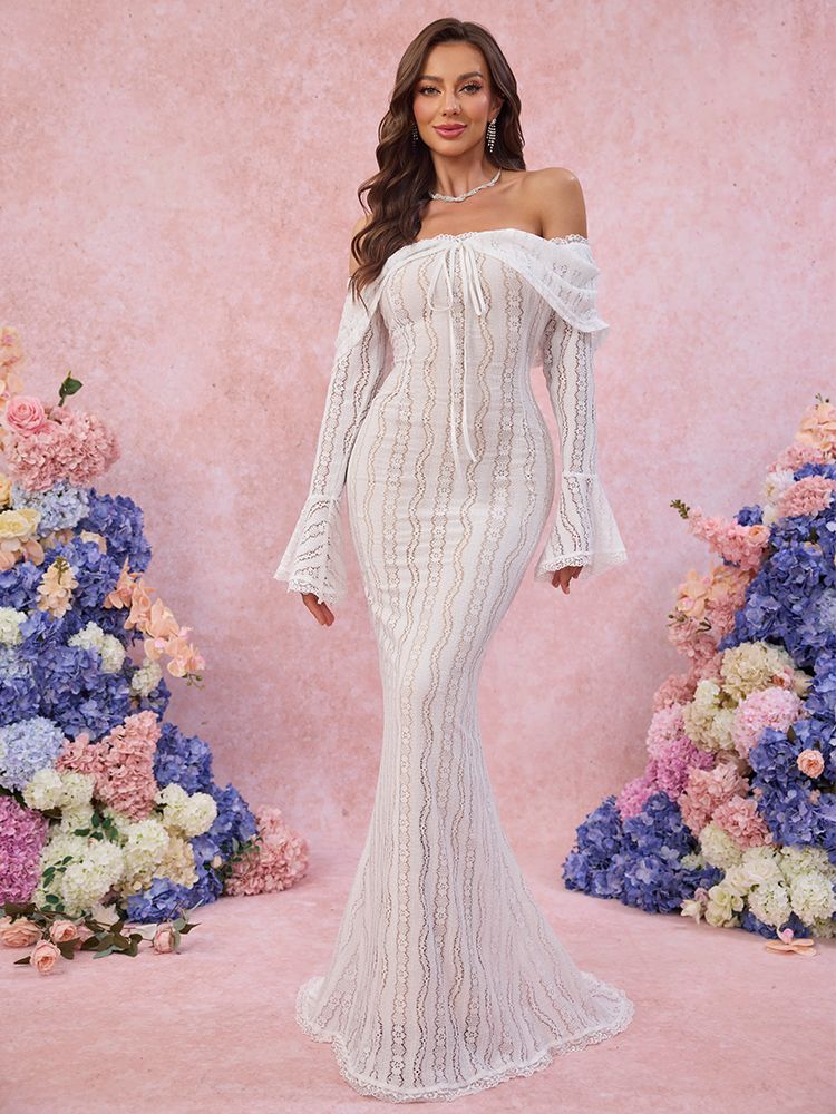 Suninheart Autumn Long Sleeve Off The Shoulder Bodycon Dress 2024 New Mermaid Wedding Guest Party Dresses for Women White Dress