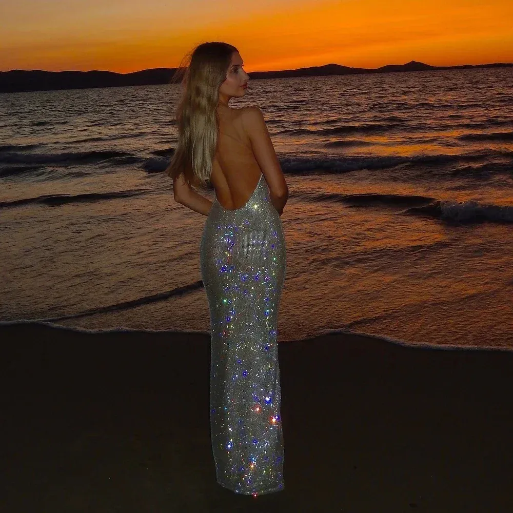 Suninheart Sequins Sleeveless Sexy Maxi Dress for Women Luxury Long Formal Occasion Dress Shiny Backless Evening Gala Dresses