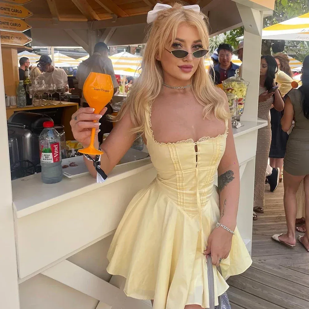 Suninheart 2025 Summer Women&#39;s Sleeveless Party Dresses Yellow Elegant Lace Up Dress Mini Fit and Flare Dress for Holiday Club