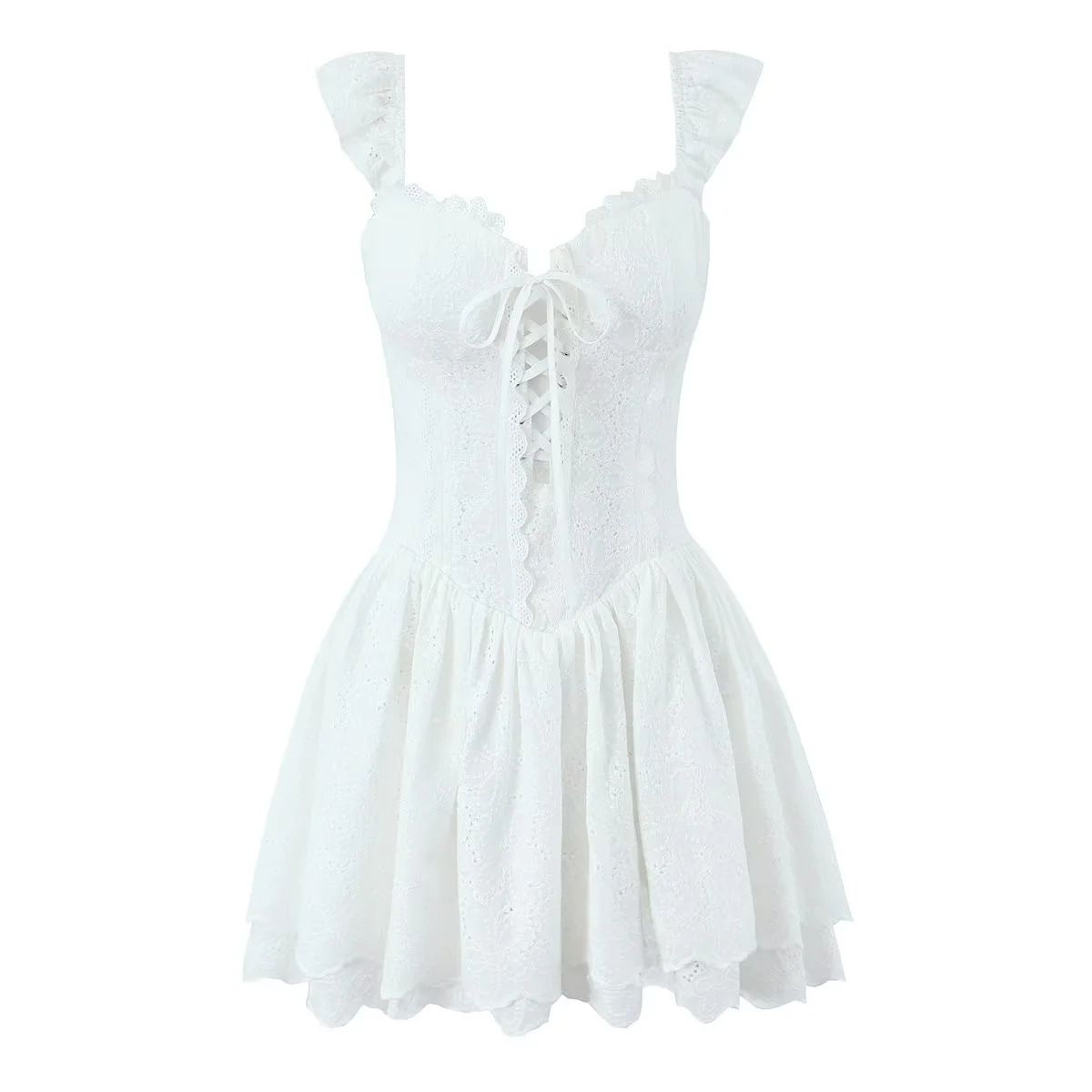 Suninheart Women&#39;s Sleeveless Lace Dress Elegant 2025 Summer Lace Up Party Dress White Holiday Dress