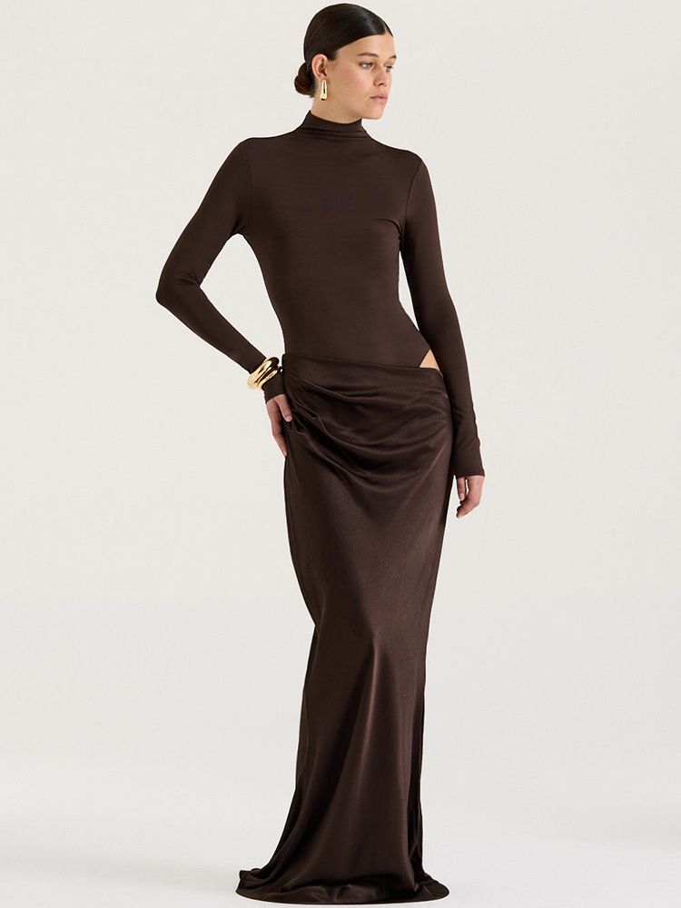 Long Sleeve Turtleneck Ruched Bodycon Maxi Dress