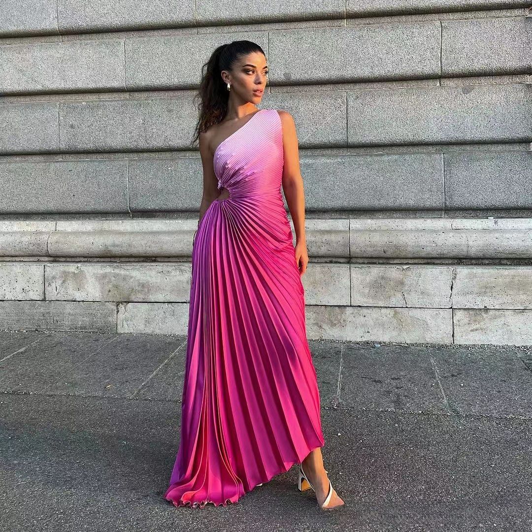 Suninheart One Shoulder Summer Gradient Dresses for Women Pleated Long Party Dresses Elegant Cut Out Dress