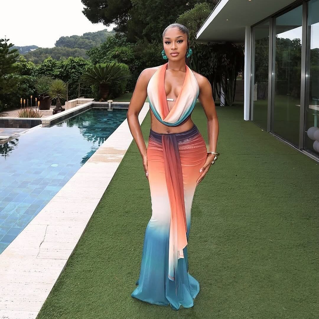 Suninheart Summer 2 Piece Dress Set Sexy 2025 Deep V Neck Cropped Top and Long Skirt Set Rainbow Women Holiday Beachwear