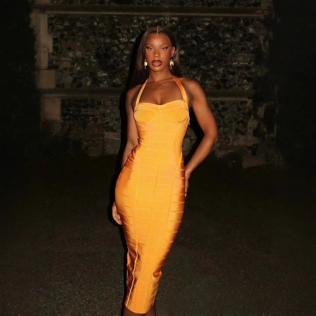 Suninheart Summer Sleeveless Orange Bandage Dress 2025 Vestidos Backless Bodycon Bandage Dress Elegant Midi Party Dress