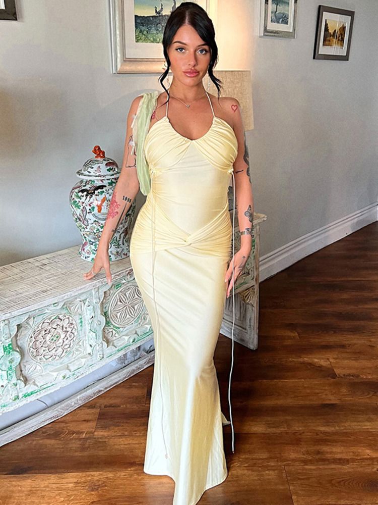 Mozision Halter Backless Ruched Sexy Maxi Dress For Women Fashion Patchwork Lace-up Sleeveless Bodycon Club Party Long Dresses