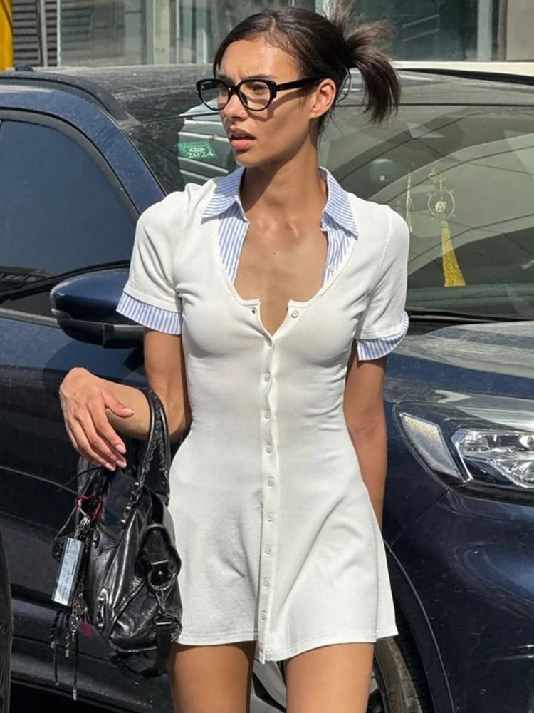 Short Sleeve Sexy Mini Dress Patchwork Square Collar