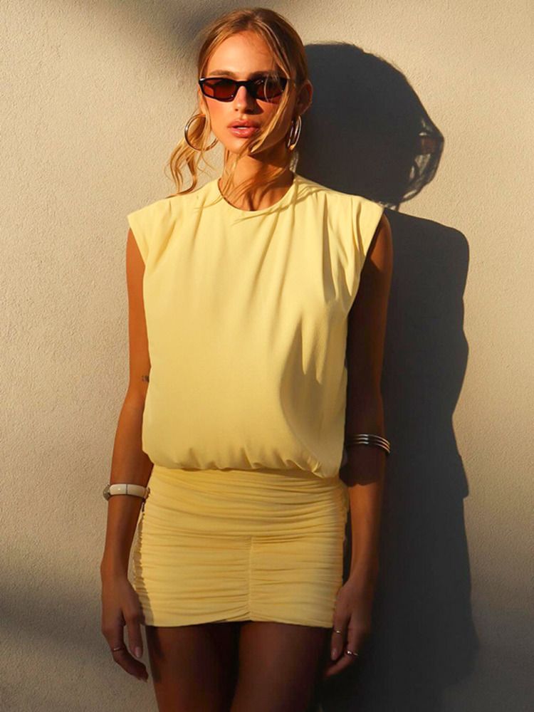 Mozision Sleeveless Backless Ruched Sexy Mini Dress Women Fashion Yellow High Waist Bodycon Club Party Tank Dresses Female