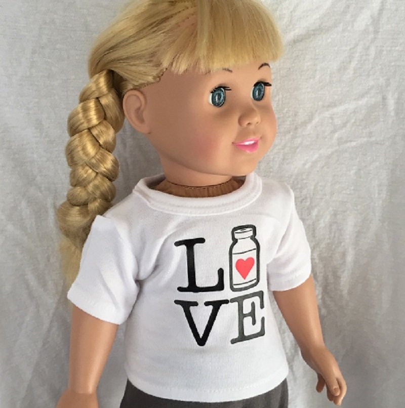 18" Doll, "Love/Live Insulin bottle", White T-Shirt