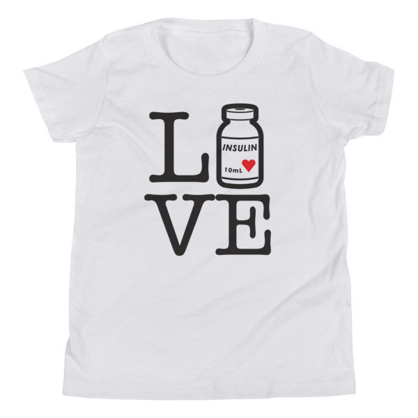 Youth Unisex, "Love/Live Insulin bottle", White T-Shirt