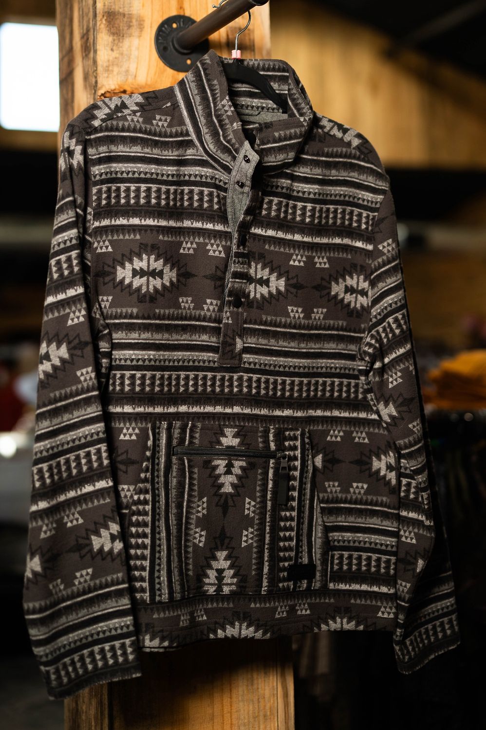 Rock &amp; Roll Men&#39;s Grey Aztec Quarter Button Pull Over