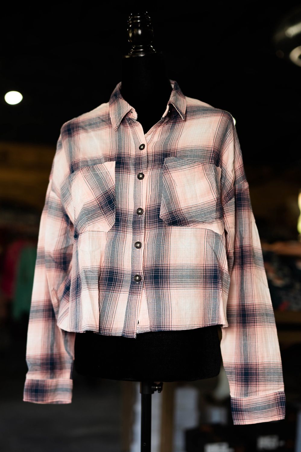 Women&#39;s Cropped Pink &amp; Blue Flannel