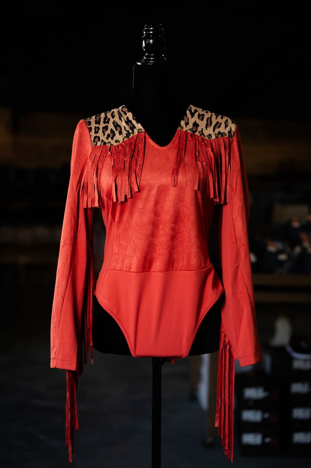 Womens Suede Leopard Fringe Body Suit